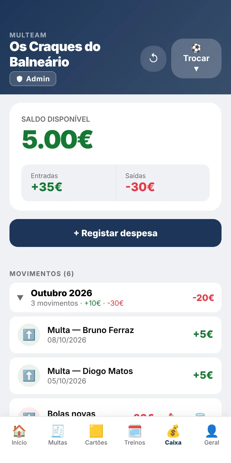 Caixa da equipa com o saldo, as entradas, as saídas e os movimentos do mês