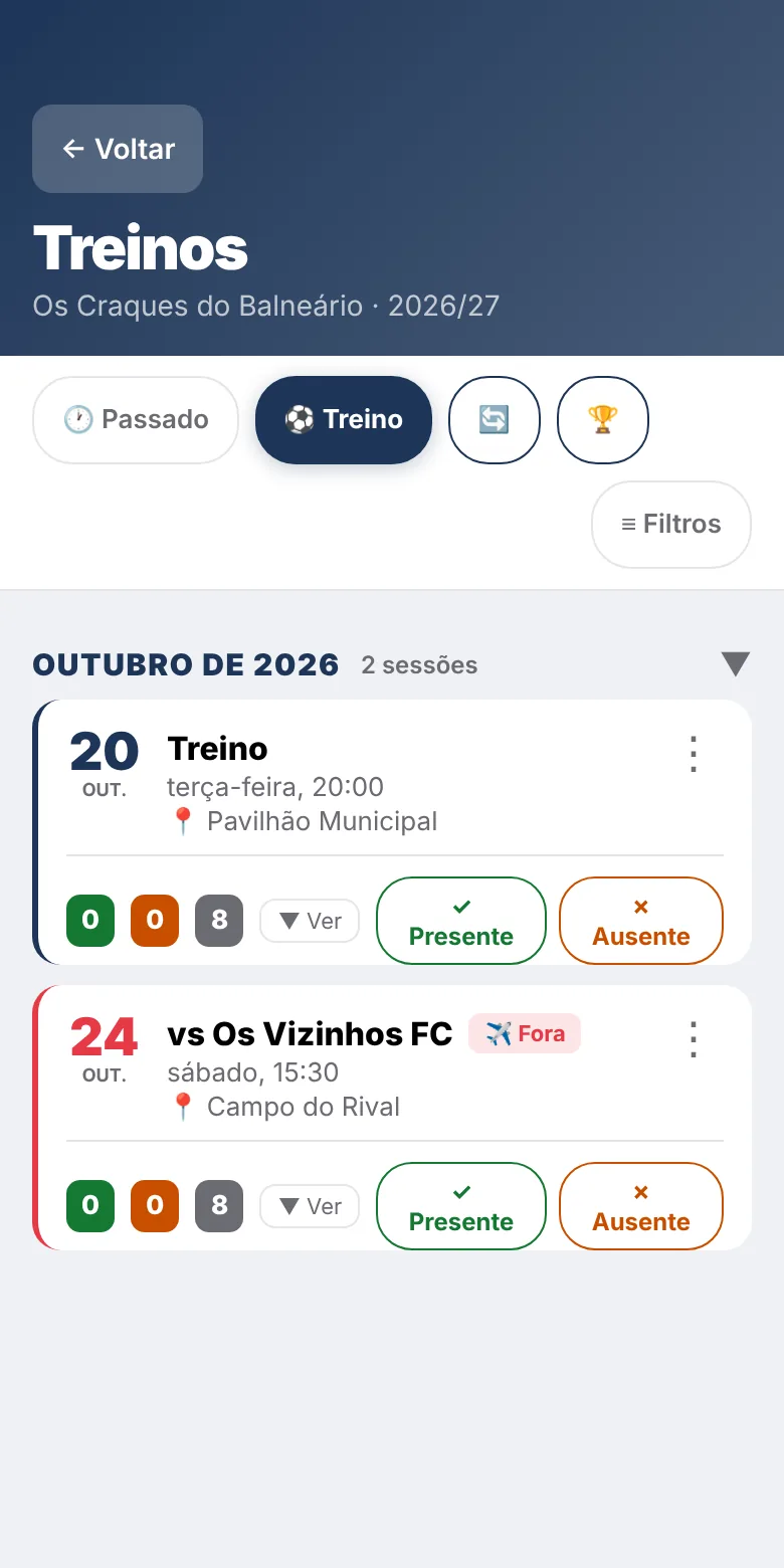 Lista de treinos e jogos com os botões Presente e Ausente